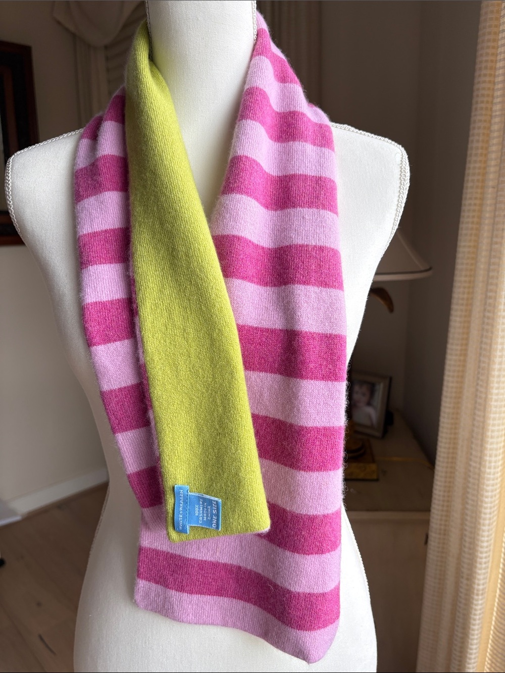 White + Warren Cashmere Pink Striped & Lime Green Scarf